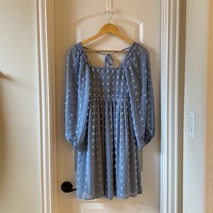 Pink Blush Maternity- Light Blue Dot Smocked Square Neck Chiffon Maternity Dress